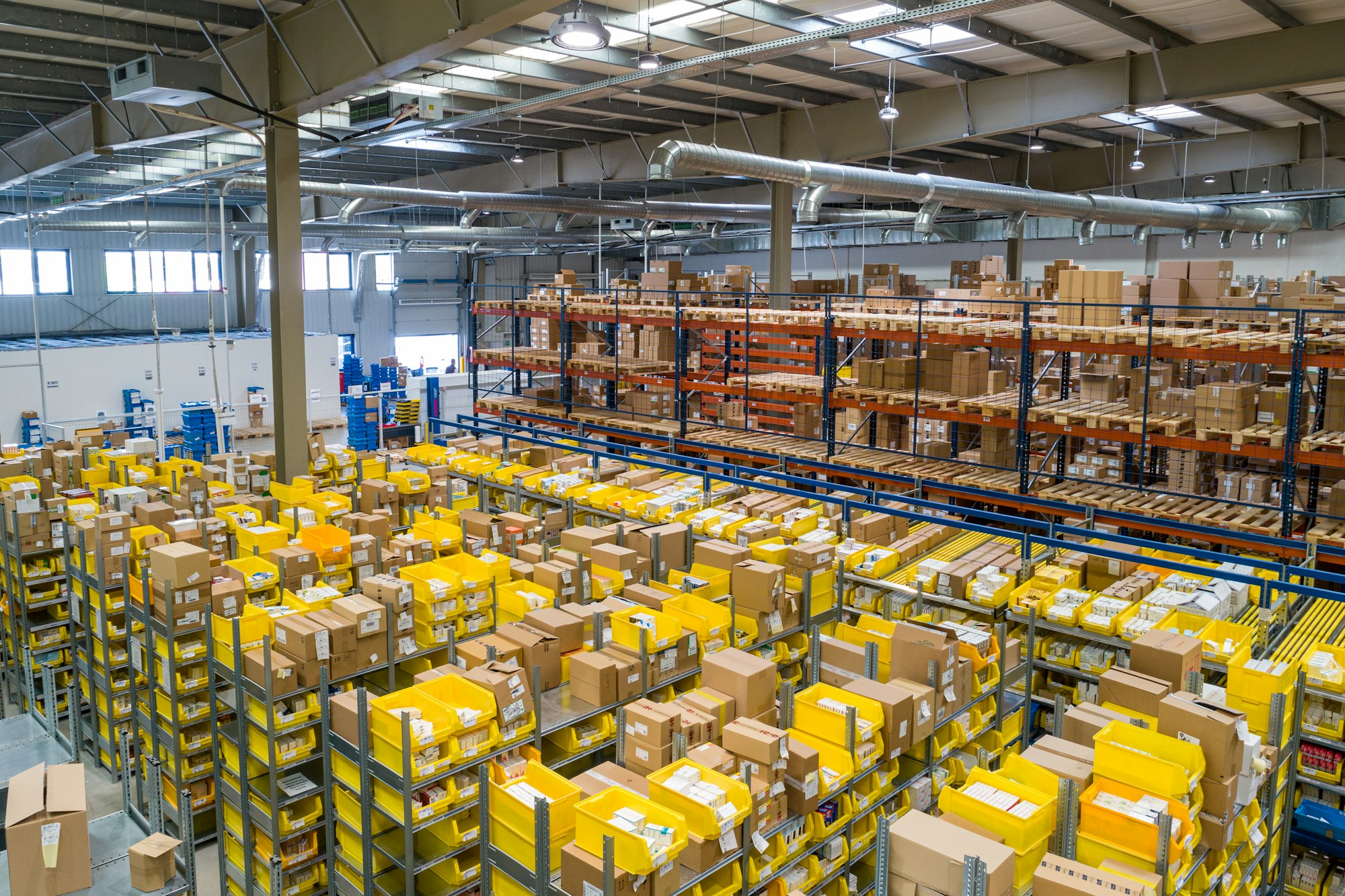 Palletised cargo in a warehouse aisle